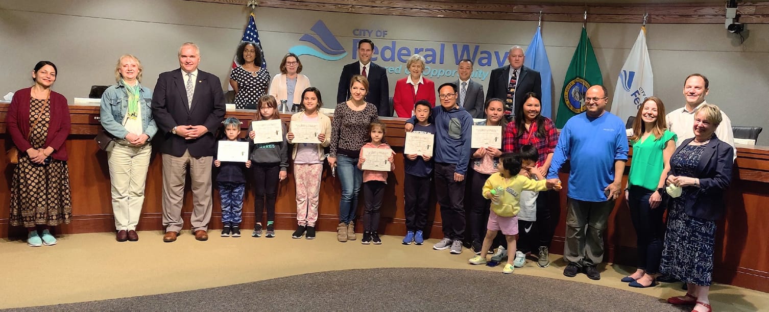 Federal Way city proclamation with Judge Larson, staff, leaders, and children