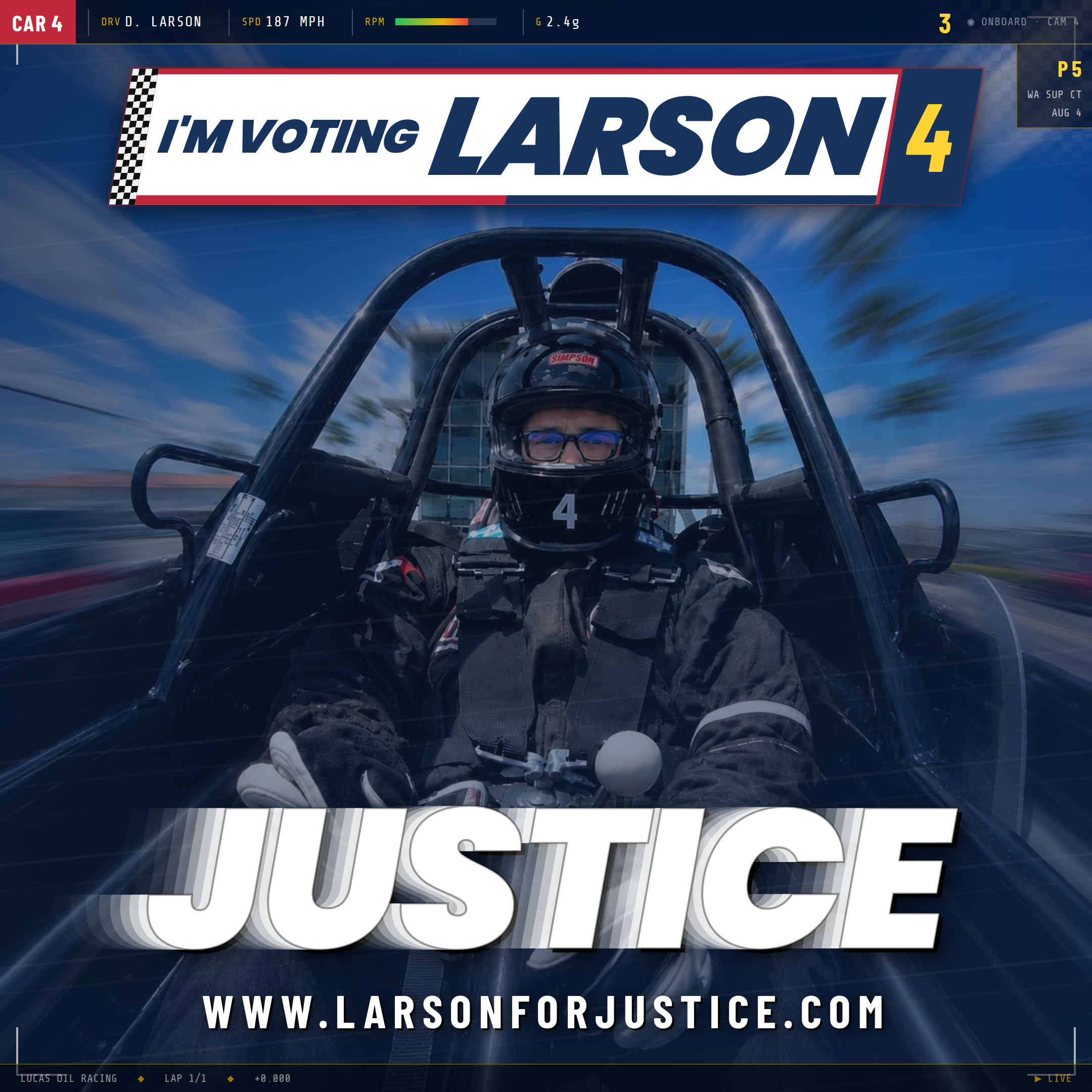 Race-for-justice racing-themed graphic for Dave Larson, square format