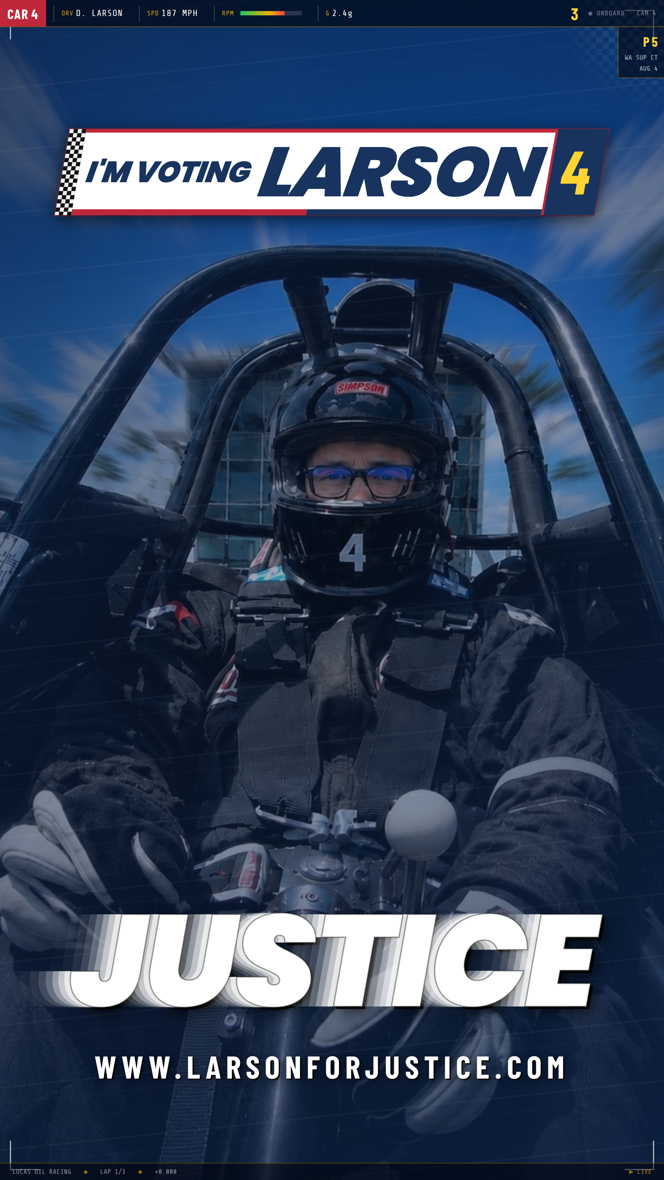 Race-for-justice racing-themed graphic for Dave Larson, vertical story format
