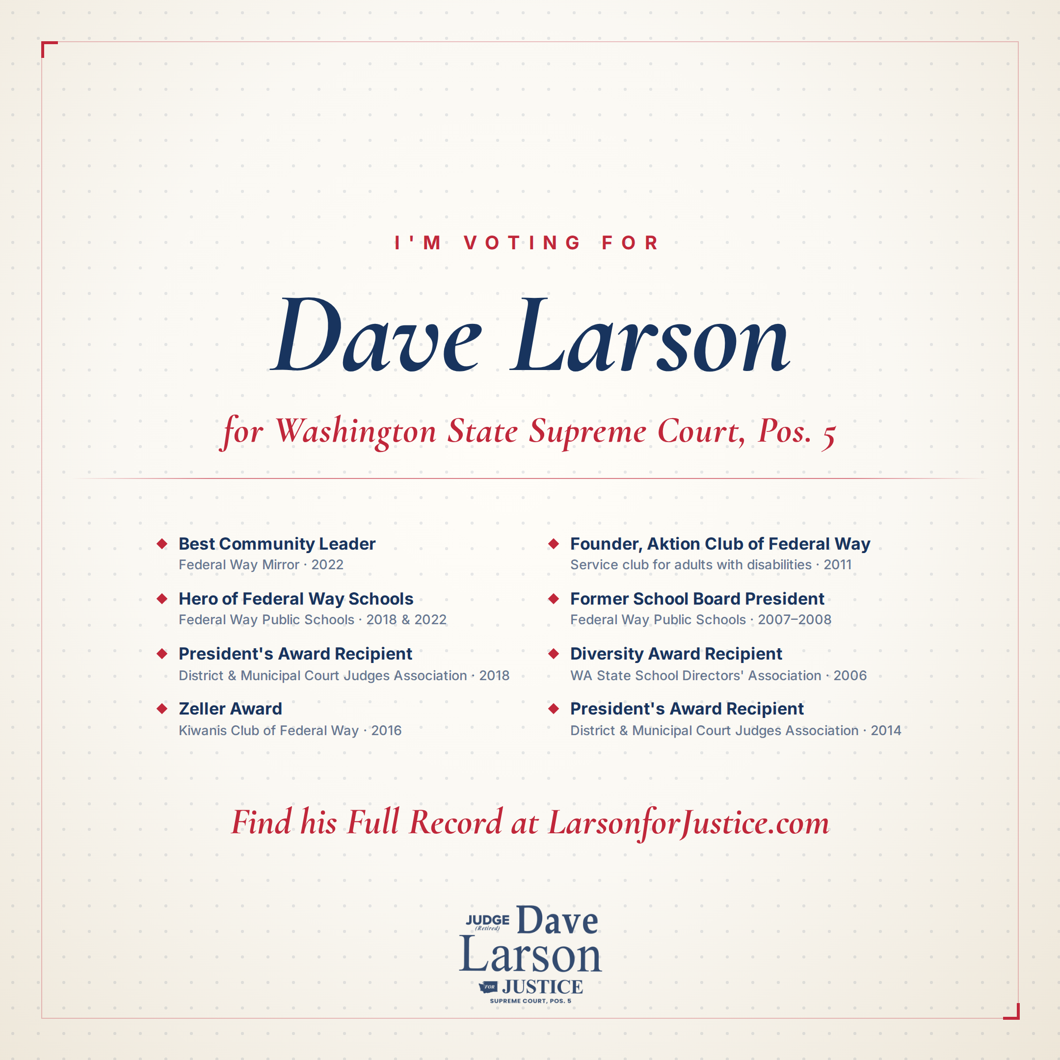 Awards and recognition for Dave Larson, square format
