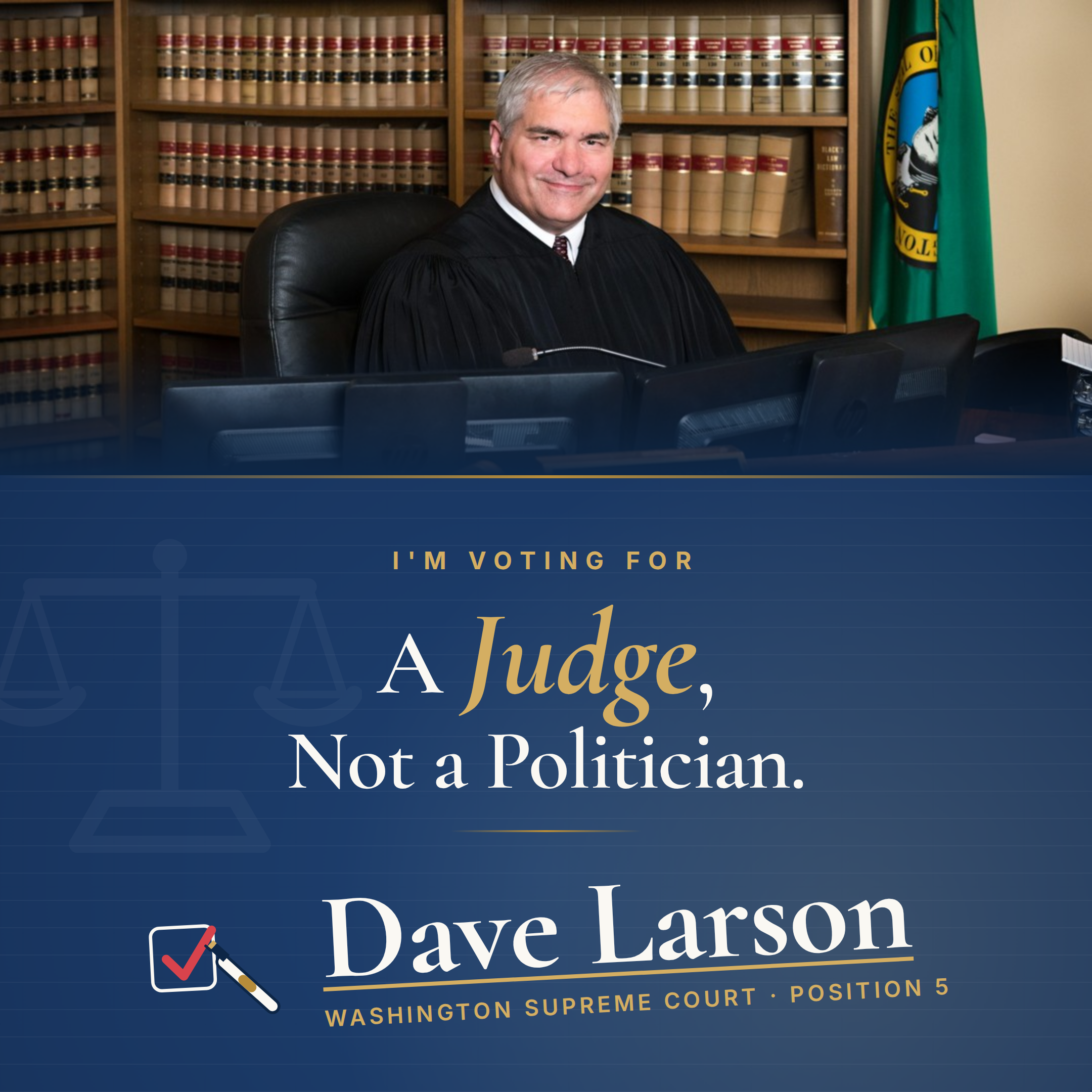 A Judge, Not a Politician graphic for Dave Larson, square format