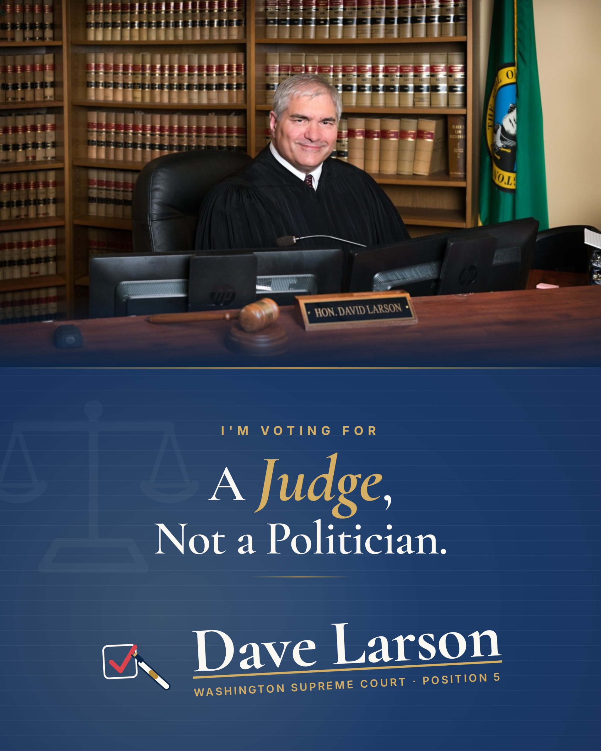 A Judge, Not a Politician graphic for Dave Larson, portrait format