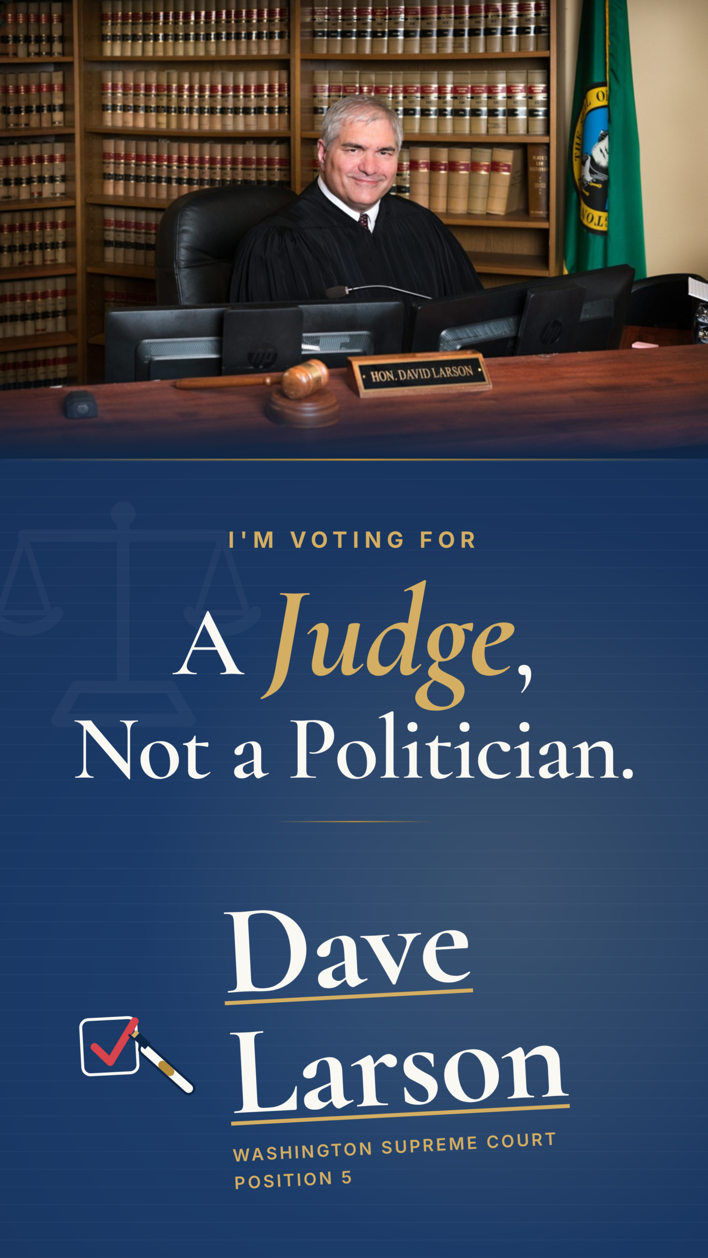 A Judge, Not a Politician graphic for Dave Larson, vertical story format