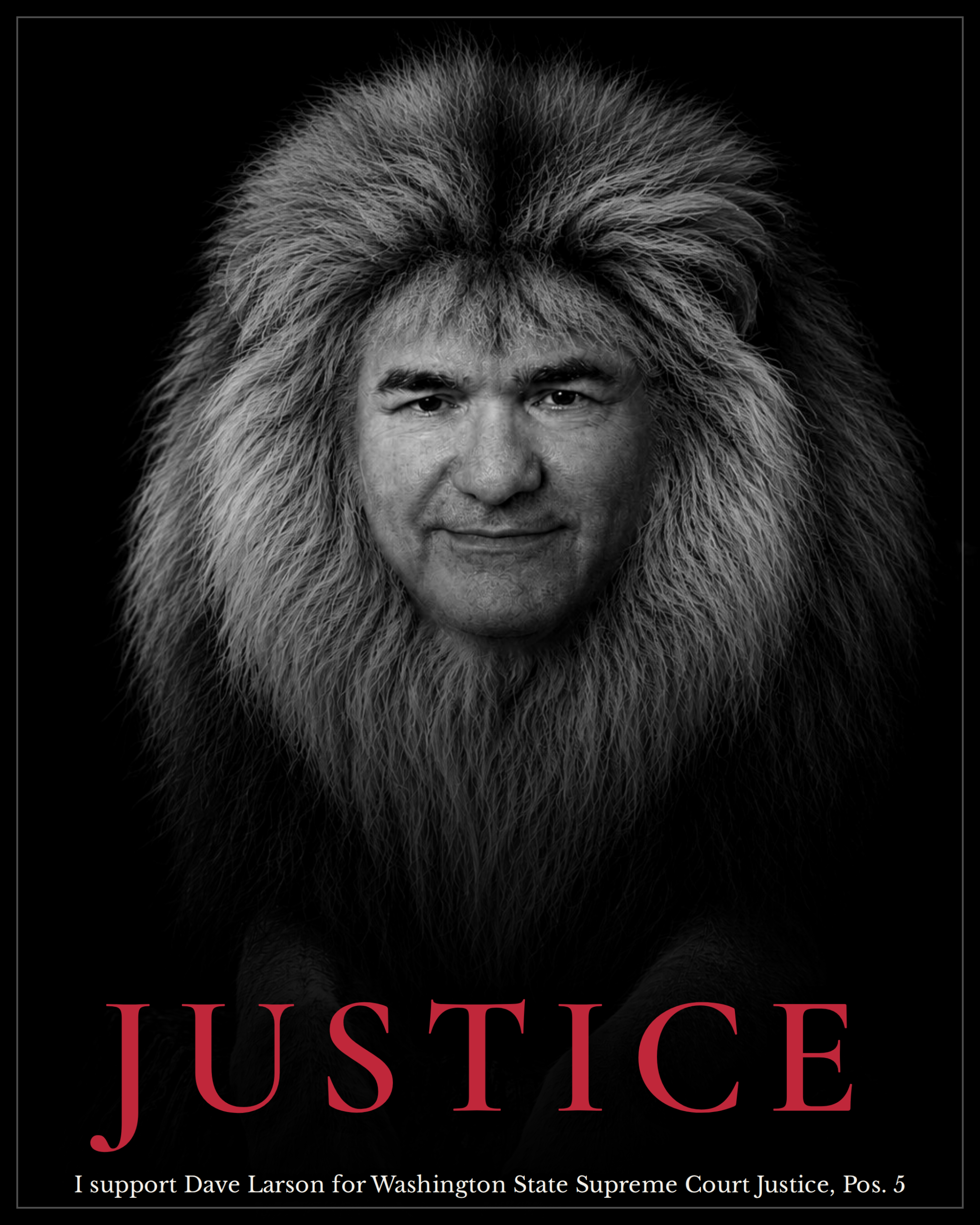 Justice poster graphic with Dave Larson, portrait format