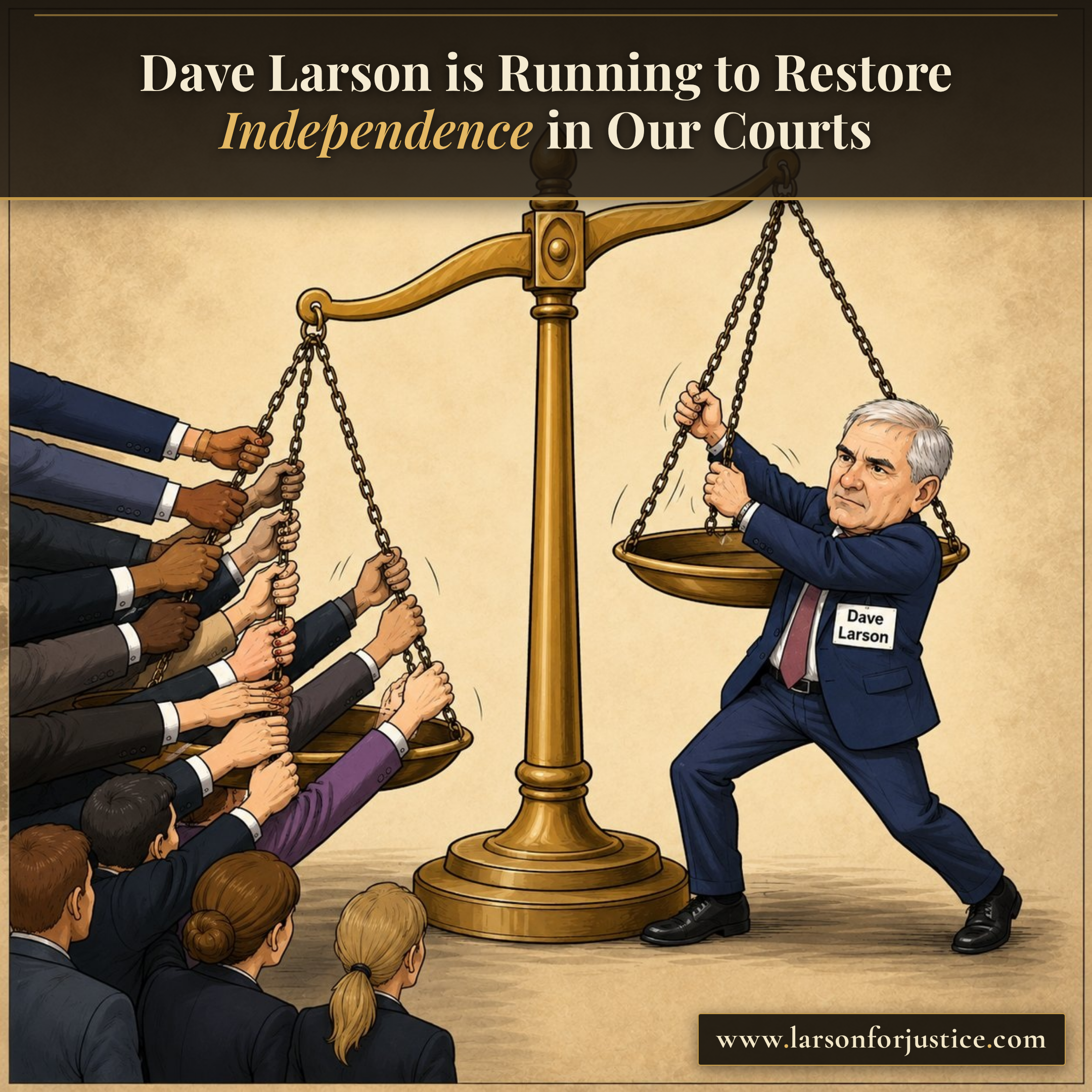 Restore independence in the courts illustration for Dave Larson, square format