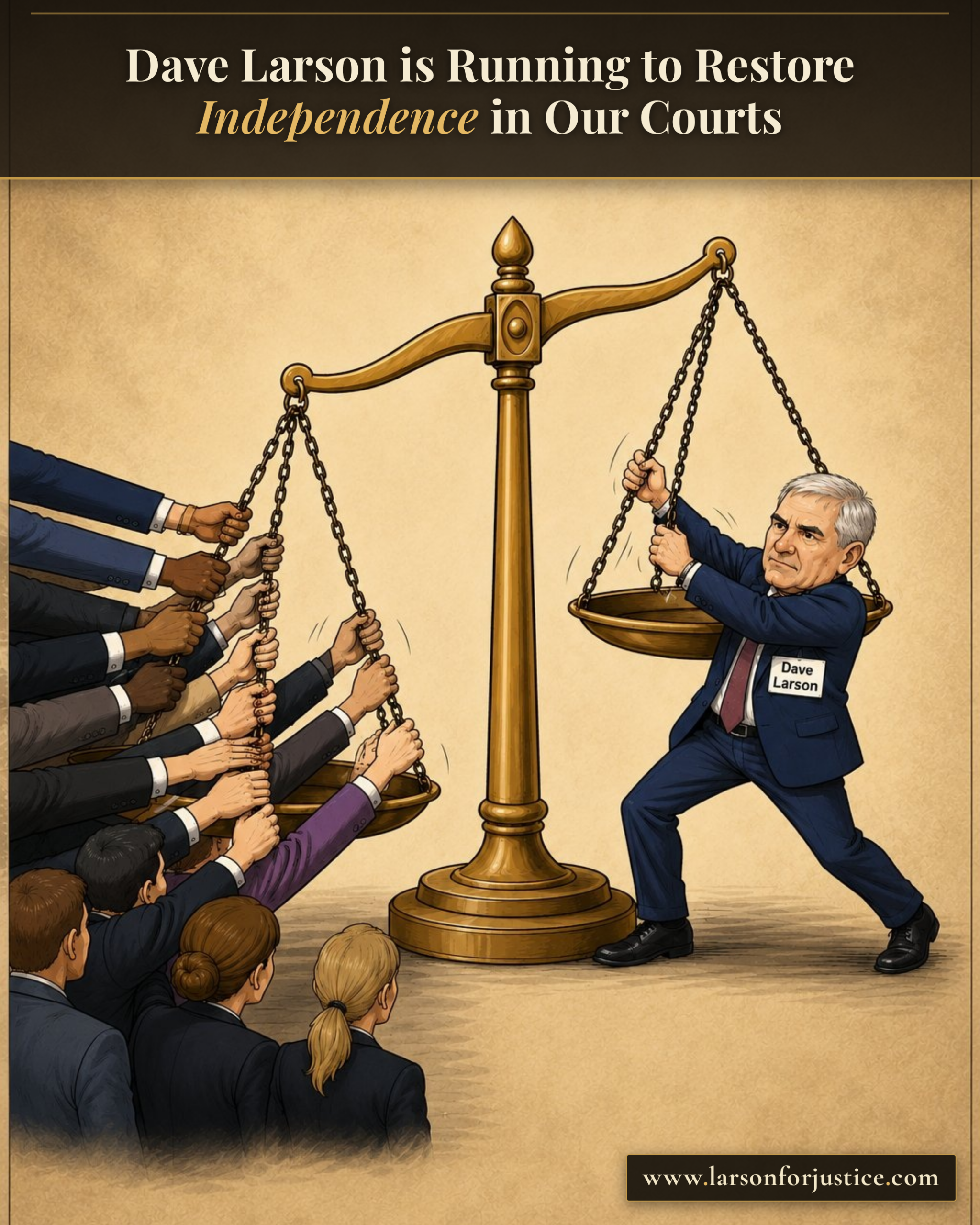 Restore independence in the courts illustration for Dave Larson, portrait format