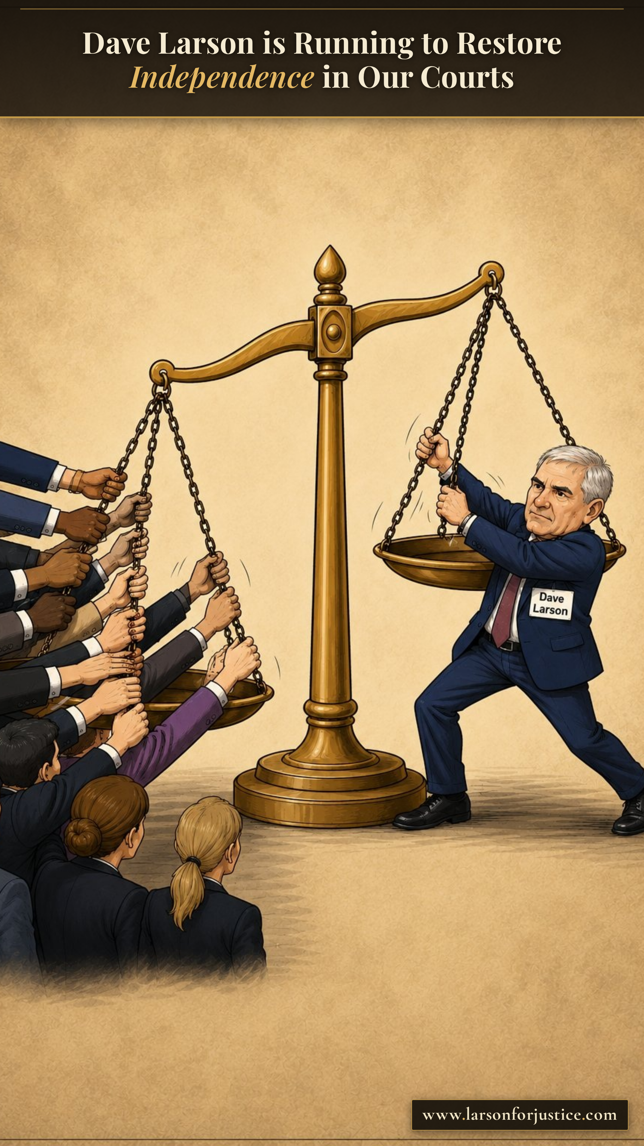 Restore independence in the courts illustration for Dave Larson, vertical story format
