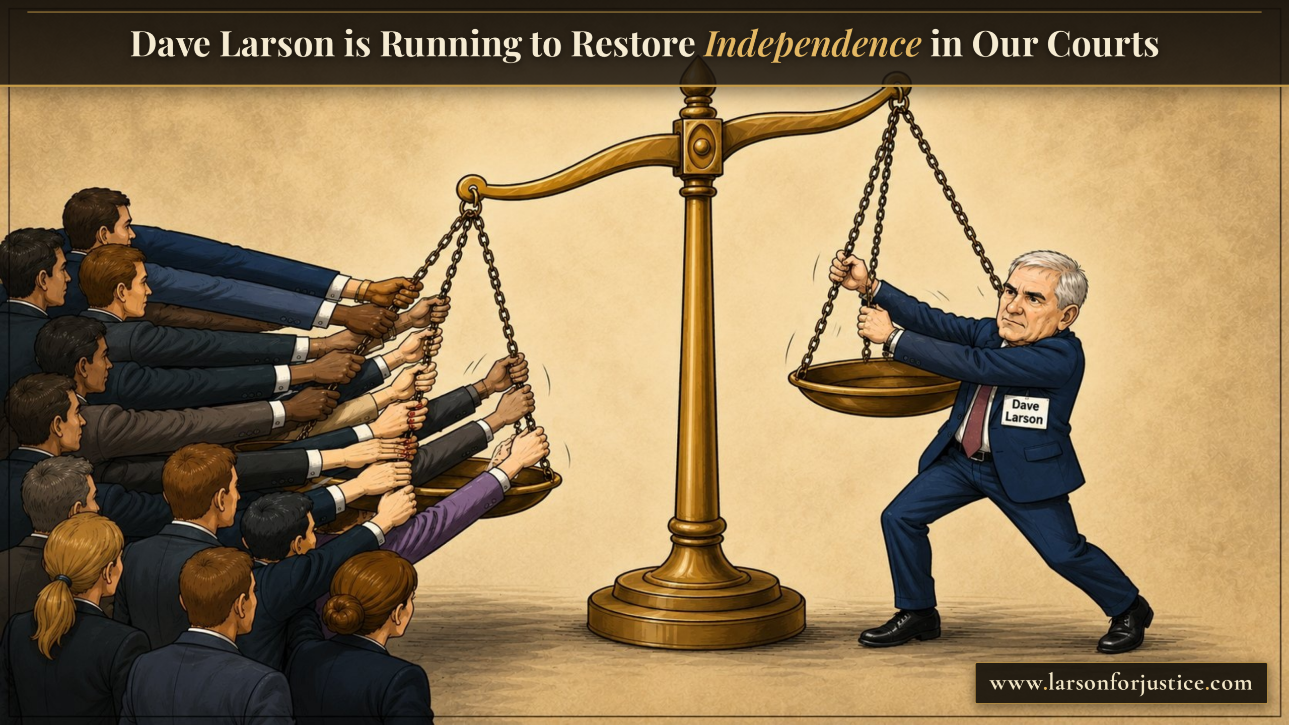 Restore independence in the courts illustration for Dave Larson, wide format